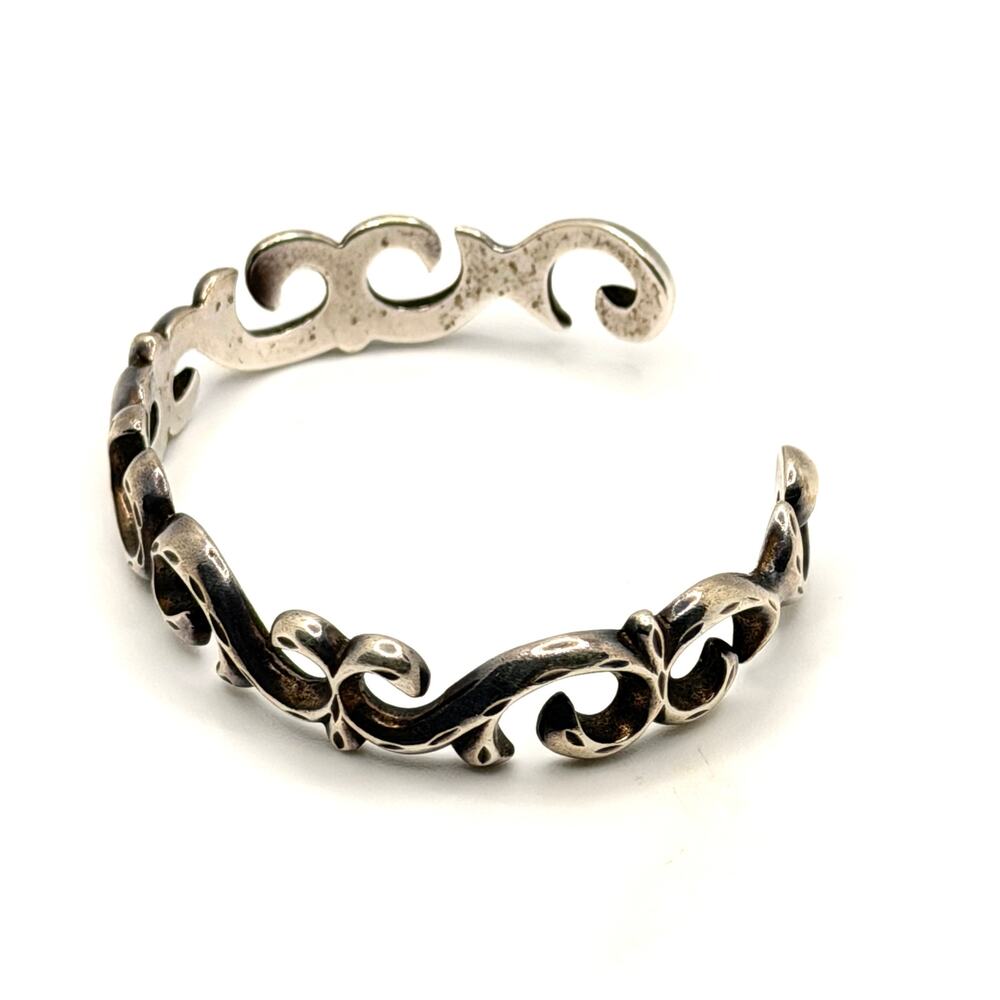 Vintage 80s Sterling Silver Ornate Openwork Scroll Artisan Cuff Bracelet - Picture 3 of 9